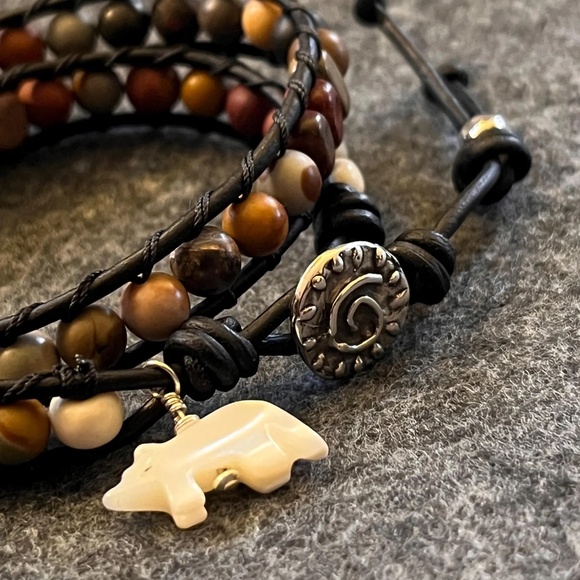 Double Wrap Leather Bracelet - Red Creek Jasper, Artisan Clasp, Bear Charm - Picture 8 of 11